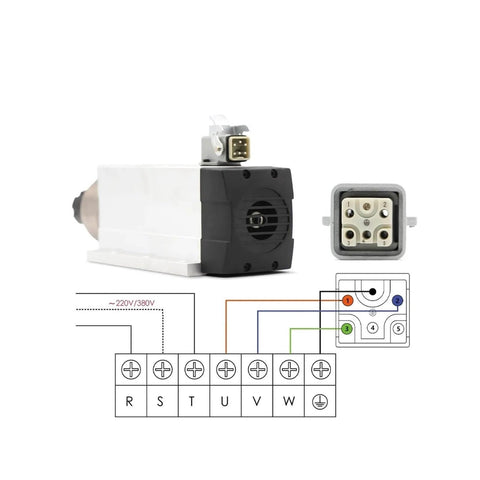 Air Cooled 2.2kW ER25 Spindle With Ceramic Ball Bearings, 4 Bearing Main Assembly, dual voltage setup and wiring diagram