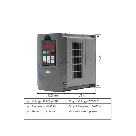 Air Cooled 2.2kW ER25 Spindle With Ceramic Ball Bearings control panel, dual voltage 220V, 380V frequency drive shown with dimensions