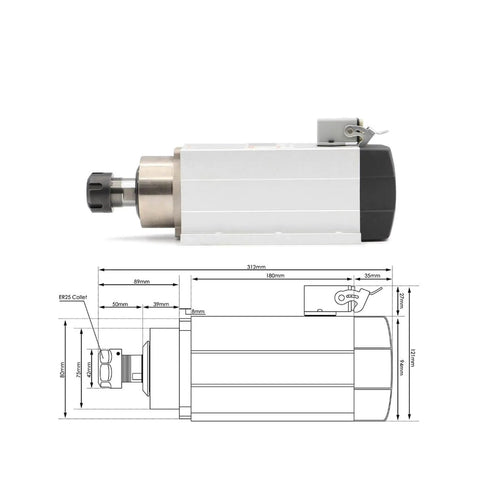 Air Cooled 2.2kW ER25 Spindle With Ceramic Ball Bearings, 4 Bearing Main Assembly, 220V and 380V Dual Voltage, Flange Mount