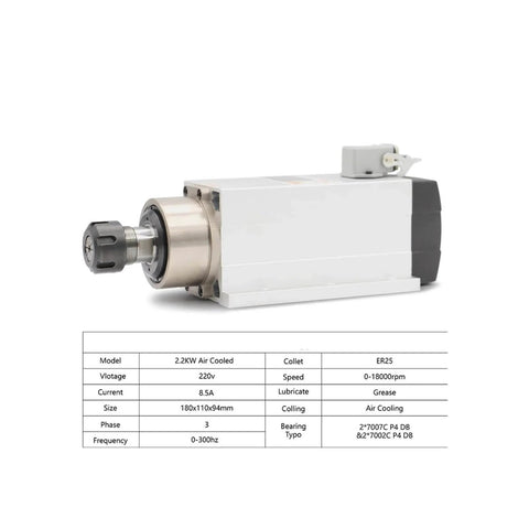 Air Cooled 2.2kW ER25 Spindle With Ceramic Ball Bearings, 4 Bearing Main Assembly, 220V and 380V Dual Voltage, Flange Mount