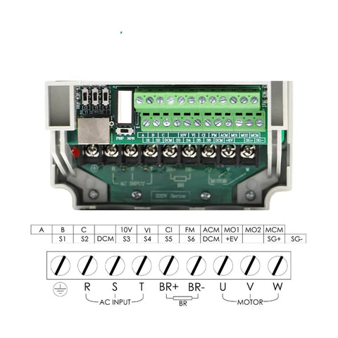 Control panel for ER25 Air Cooled CNC Spindle 2.2kW 220V with Ceramic Ball Bearings, showing electrical connections and terminals.
