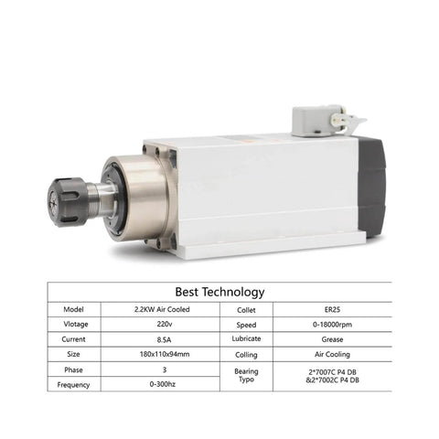 ER25 Air Cooled CNC Spindle 2.2kW 220V with Ceramic Ball Bearings, shown with specifications chart, ideal for woodworking routers.