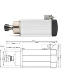 ER25 Air Cooled CNC Spindle 2.2kW 220V with Ceramic Ball Bearings for Woodworking and Precision CNC Routers, side view and dimensions