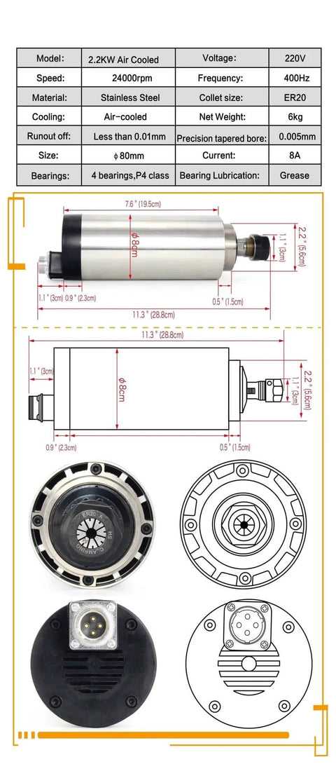 Technical drawing and parts of Beefy 2.2kW ER20 Spindle Motor Water Cooled CNC Spindle 220V Runout 0.01mm design details