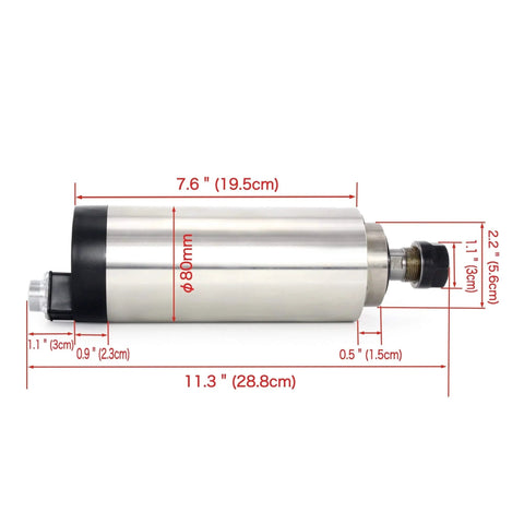 Side view of Beefy 2.2kW ER20 Spindle Motor Water Cooled CNC Spindle 220V Runout 0.01mm with measurements shown