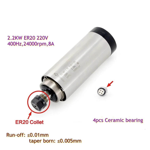 Beefy 2.2kW ER20 Spindle Motor Water Cooled CNC Spindle 220V Runout 0.01mm shown with ER20 collet and ceramic bearings