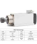 2.2kW ER25 Air Cooled CNC Spindle with Ceramic Ball Bearings and Flange, 220V and 380V inverter ready, shown with technical specifications
