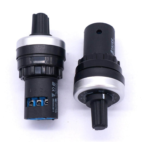Front and side view of LA42DWQ22 22Mm Rotary Potentiometer 5K Ohm Governor with three terminals for inverter and motor control.