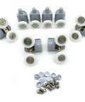 22mm Shower Door Rollers 8PCS Replacement Set with Double Top and Single Bottom Runners, screws and caps for bathroom glass doors.