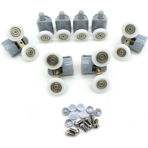 22mm Shower Door Rollers 8PCS Replacement Set with Double Top and Single Bottom Runners, screws and caps for bathroom glass doors.