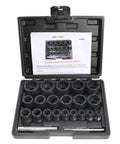 22 Piece Bolt Nut Extractor Set With One Half Inch And Three Eighths Inch Drive Pro Grade Impact Lug Nut Remover Sockets Wheel Lock Removal Kit For Extracting Damaged Stripped Frozen Nuts And Screws Twist Socket Set in a black plastic case with organized sockets