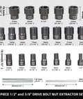 22 Piece Bolt Nut Extractor Set With One Half Inch And Three Eighths Inch Drive Pro Grade Impact Lug Nut Remover Sockets Wheel Lock Removal Kit For Extracting Damaged Stripped Frozen Nuts And Screws Twist Socket Set displayed in grid