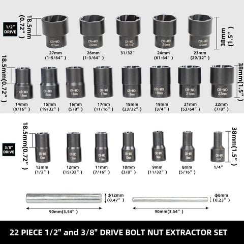 22 Piece Bolt Nut Extractor Set With One Half Inch And Three Eighths Inch Drive Pro Grade Impact Lug Nut Remover Sockets Wheel Lock Removal Kit For Extracting Damaged Stripped Frozen Nuts And Screws Twist Socket Set displayed in grid
