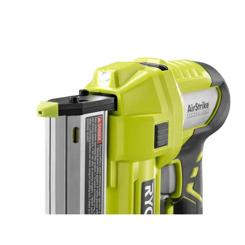 Close-up of Cordless AirStrike 23-Gauge Pin Nailer Kit for 18V ONE+ showing the front mechanism and LED light.