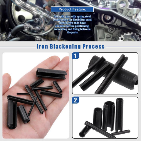 Close-up of 230-piece roll pin set M2-M10 for DIY home improvement and auto repair, durable 65Mn steel, black oxide finish by Glarks.