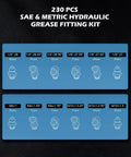 All In One 230 Piece SAE And Metric Grease Fittings Kit With Galvanized Steel Zerks display showing various sizes and angles
