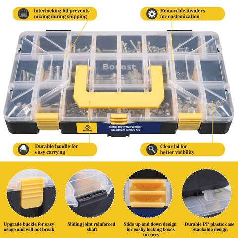 2300 Piece Hardware Assortment Kit with Metric and SAE Machine Screws Nuts Bolts and Washers Featuring 3 Stackable Trays overview with removable dividers.