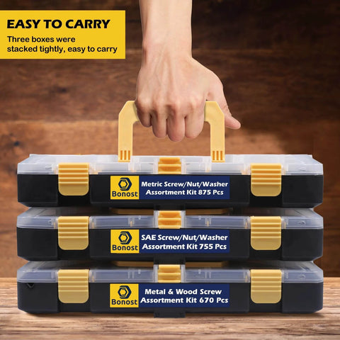 2300 Piece Hardware Assortment Kit with Metric and SAE Machine Screws Nuts Bolts and Washers Featuring 3 Stackable Trays, easy to carry.