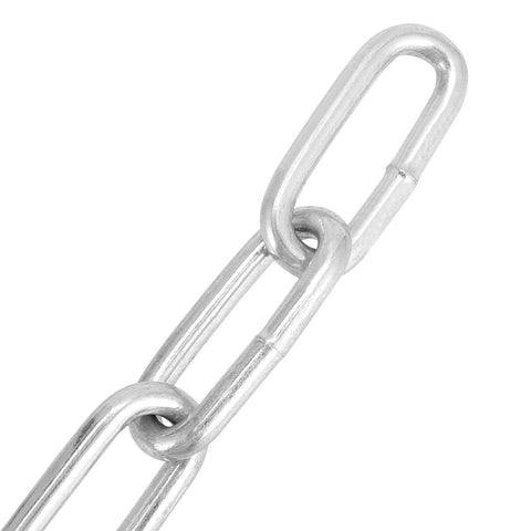 Close-up of 23 Feet Proof Coil Chain, 3/16 Inch Zinc Plated Iron Straight Link for Towing, Logging, Guard Rails.