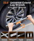 23.6" universal extendable lug wrench being used on car tire with reinforced connection, spring-loaded lock, and non-slip handle