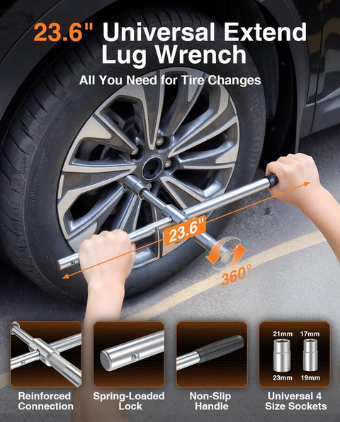 23.6" universal extendable lug wrench being used on car tire with reinforced connection, spring-loaded lock, and non-slip handle