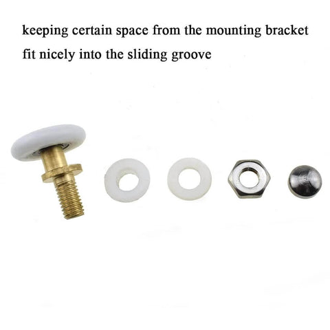 Components of 23mm diameter brass shower door wheels with nylon rollers and stainless steel screws displayed in a line