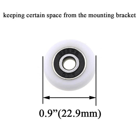 23mm diameter bearing steel shower door wheels with nylon rollers shown in close-up with size measurement indicated.