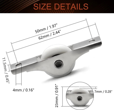 Two Pack 23mm Diameter Screen Door Rollers Nylon Wheel With Stainless Steel Shell Electroplating Finish dimensions.
