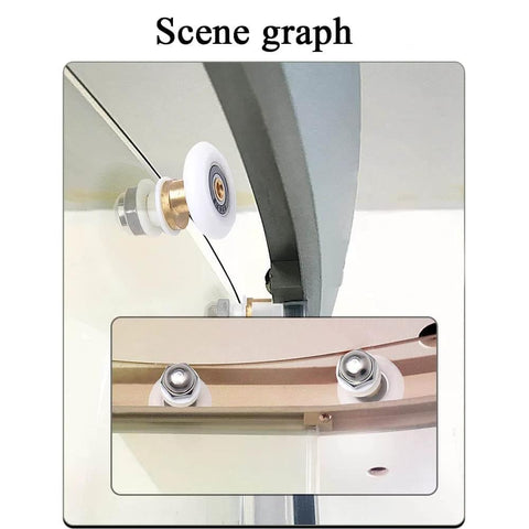 Installed 23mm diameter bearing steel shower door wheels with nylon rollers and stainless steel screws on a sliding door track.