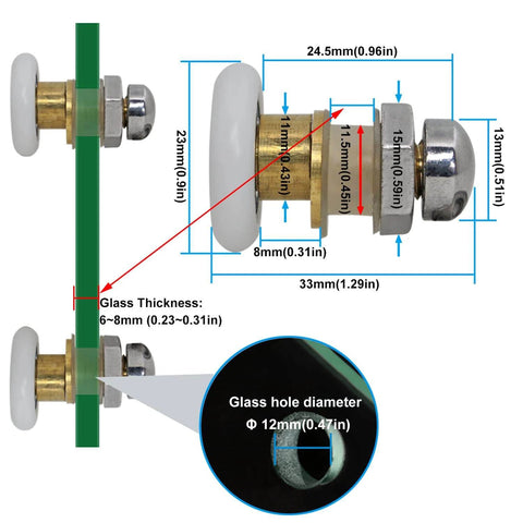 Diagram showing 23mm Shower Door Rollers Replacement Set 4PCS for Bathroom Glass Sliding Doors with dimensions and materials