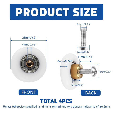 23mm Shower Door Rollers Replacement Set dimensions, showing 304 stainless steel parts, front and back views
