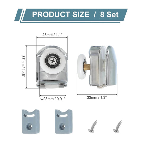 23mm shower door rollers replacement set with single runners wheels and pulleys, silver finish with screws and measurements