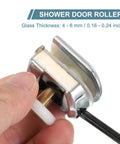 Close-up of silver 23mm shower door rollers replacement set with single runners wheels and pulleys for 4-6mm glass doors.