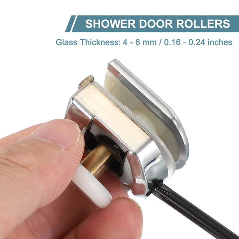 Close-up of silver 23mm shower door rollers replacement set with single runners wheels and pulleys for 4-6mm glass doors.
