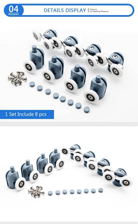 23mm Shower Door Rollers 8PCS Replacement Set with Double Top and Single Bottom Runners displayed with screws and components