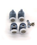 Close-up of 23mm Shower Door Rollers Set of 8 Single Replacement Runners with 4 Upper and 4 Bottom Wheels and screws for glass doors.