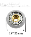 23mm diameter shower door wheels with smooth rolling nylon runners, solid brass hubs, stainless steel screws, close-up view