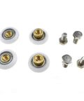 23mm diameter shower door wheels with smooth rolling nylon runners, solid brass hubs, and stainless steel screws, 4-pack.