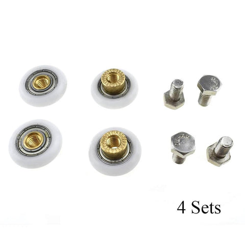 23mm diameter shower door wheels with smooth rolling nylon runners, solid brass hubs, stainless steel screws, 4-set pack