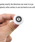 Hand holding 23mm diameter bearing steel shower door wheel with nylon roller and stainless steel screw close-up view