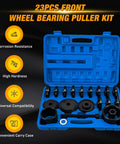 Open blue case of Wheel Bearing Removal Tool Kit 23 Piece Set for Front Wheel Drive Vehicles with bushings and sleeves displayed.