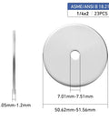 Side and front view of 23 Pcs Fender Washers 1 Quarter Inch ID 2 Inch OD 304 Stainless Steel 0.047 Inch with dimensions.