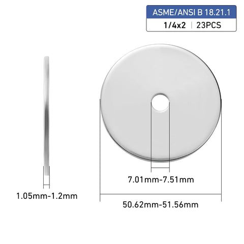 Side and front view of 23 Pcs Fender Washers 1 Quarter Inch ID 2 Inch OD 304 Stainless Steel 0.047 Inch with dimensions.
