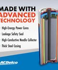 Cross-section of AA battery showing advanced technology features like high-energy power cores and thick steel casing by AC Delco.