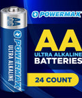 Close-up of AA Ultra Alkaline Battery package showing Powermax branding and 24 Count AA Batteries Alkaline Long Lasting Power Reclosable Packaging.
