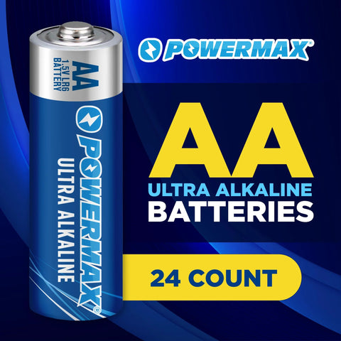 Close-up of AA Ultra Alkaline Battery package showing Powermax branding and 24 Count AA Batteries Alkaline Long Lasting Power Reclosable Packaging.