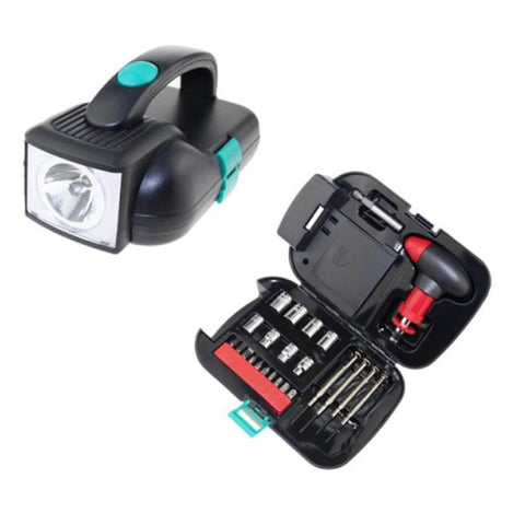 24 In 1 Repair Tool Kit Set With Built In LED Flashlight, showing ratchet handle, screwdriver set, and compact toolbox design.