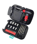 24 In 1 Repair Tool Kit Set With Built In LED Flashlight, ratchet handle, sockets, and screwdrivers in black ABS case.
