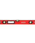 Front view of 24 inch box beam level with magnetic rear edge for hands free setup on metal surfaces, three vials, rugged end caps