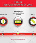 24 inch box level with three durable acrylic vials, precise 1/16 inch ruler, wall grip, and hand calibrated straightedge